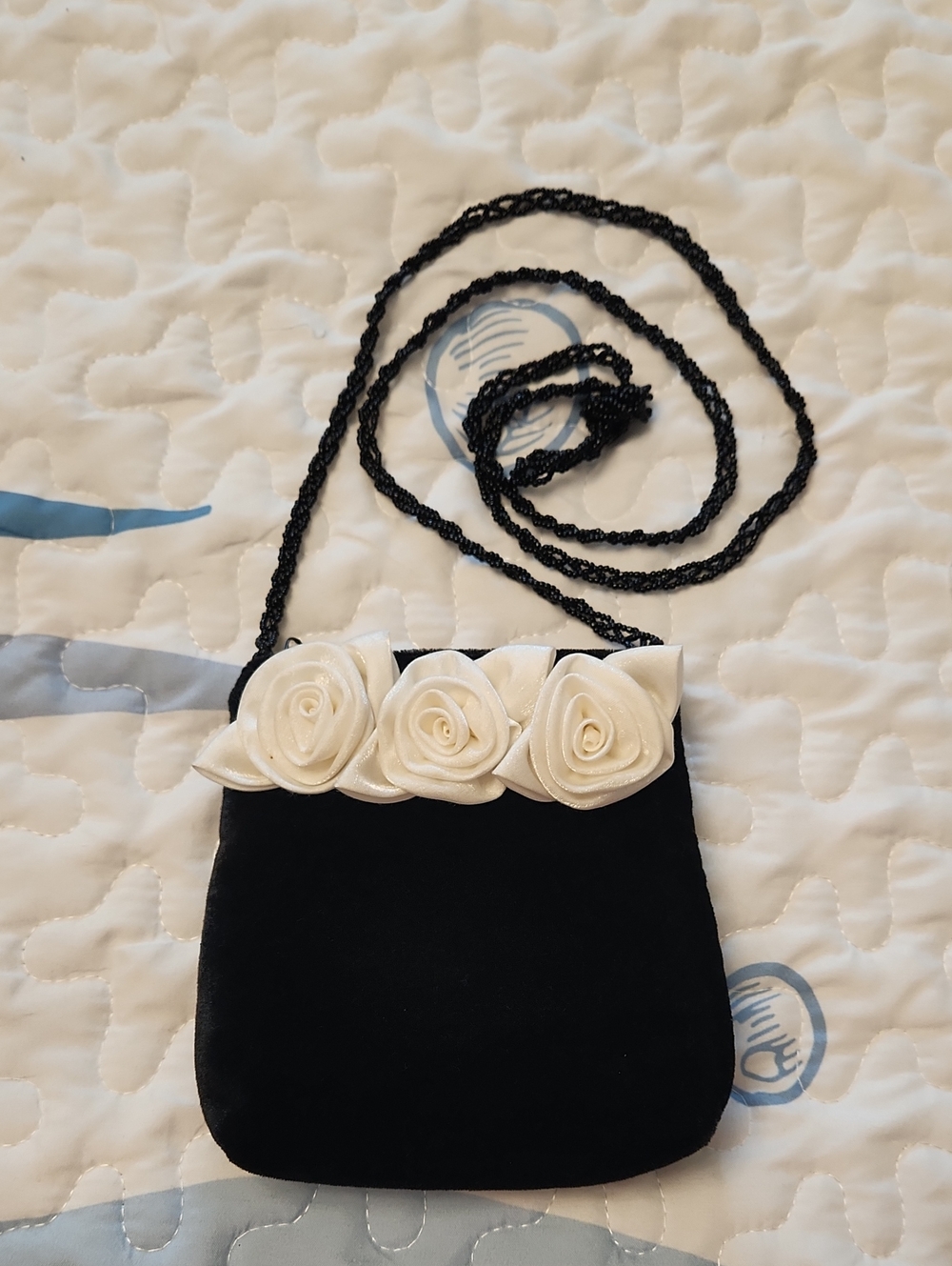 Black Crossbody Bag with Cream Rose Trim With Beaded Strap